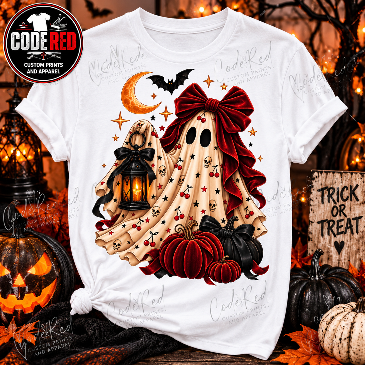 Spooky Bow Ghost DTF Transfer – 11” x 11”