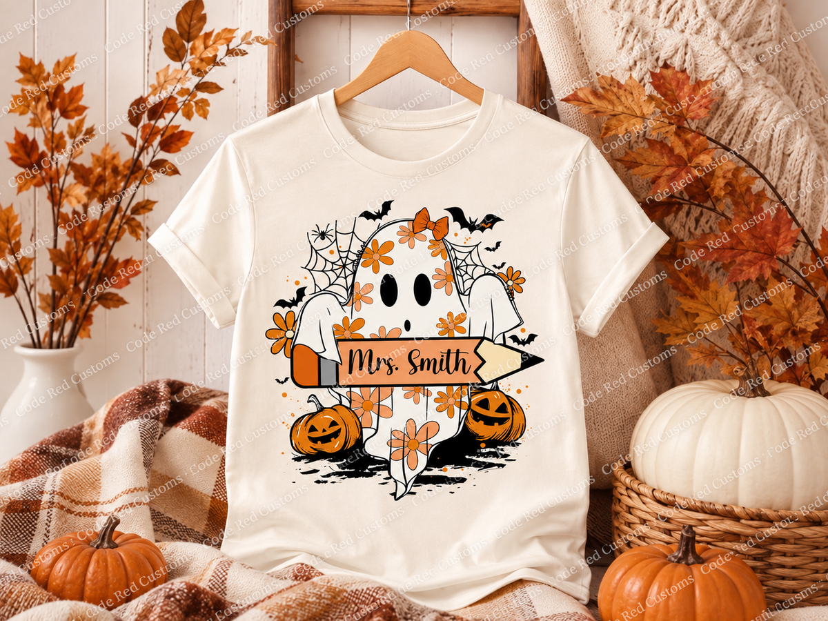 Personalized Teacher Ghost Halloween DTF Transfer – 11” x 11”