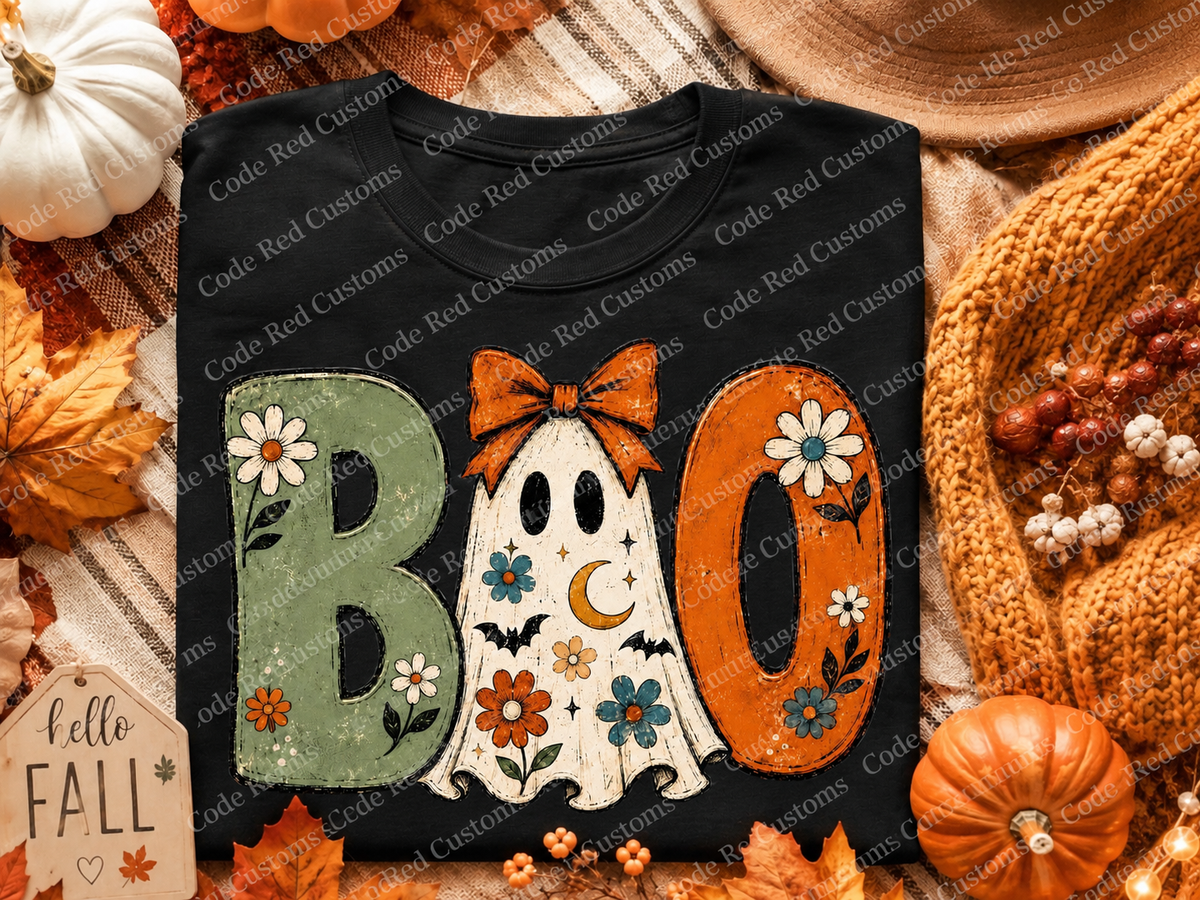 BOO Floral Ghost Halloween DTF Transfer – 11” x 11”