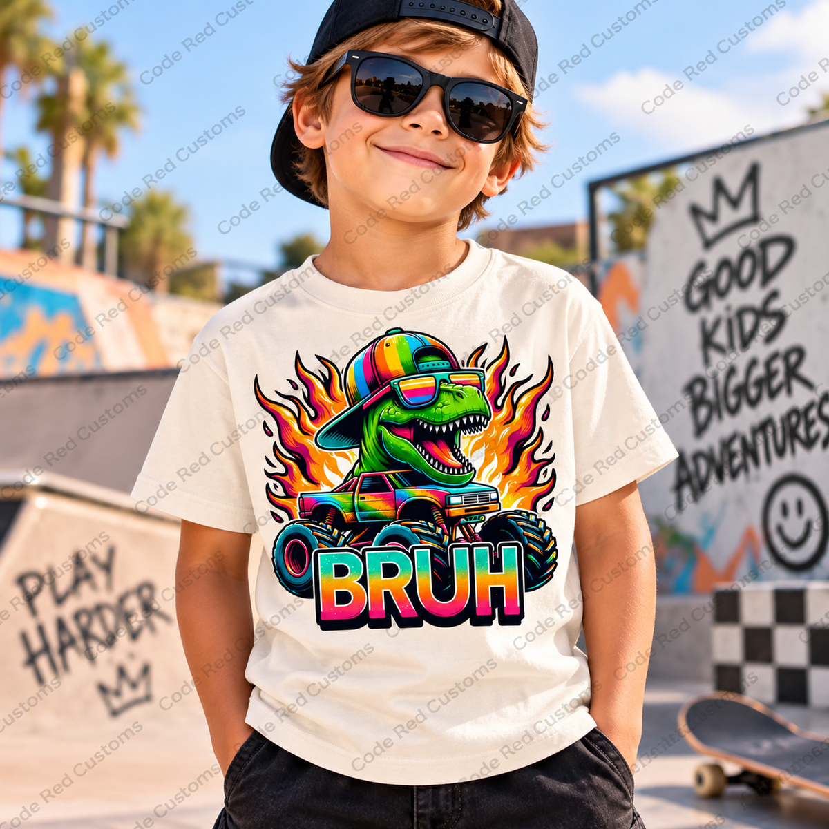 BRUH Dino Monster Truck DTF Transfer – 8” x 8”